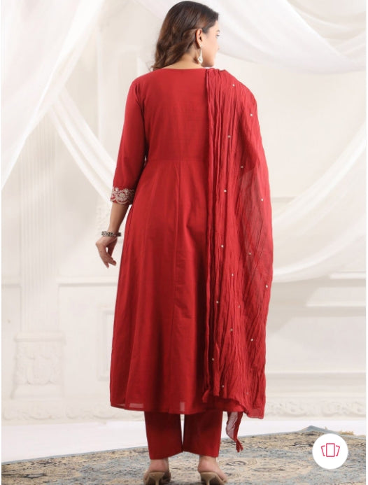 MF Hayat Women Floral Embroidered Angrakha Sequinned Pure Cotton Kurti with Pyjamas & With Dupatta