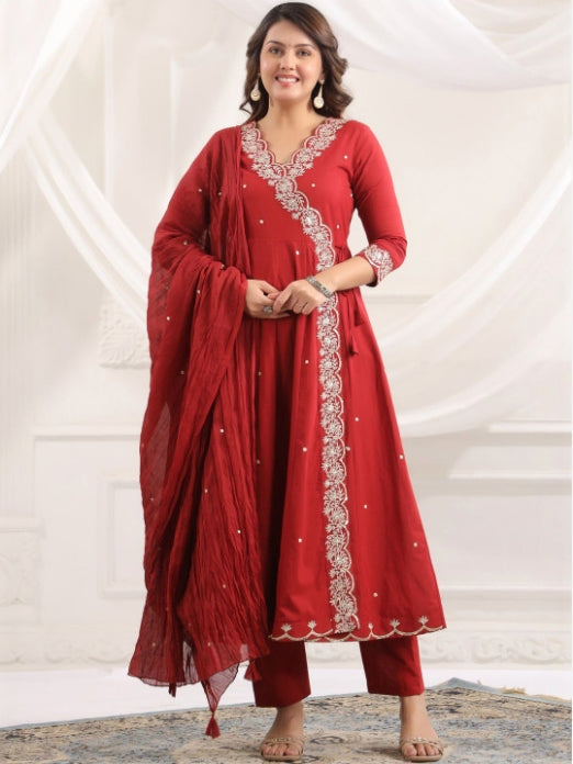 MF Hayat Women Floral Embroidered Angrakha Sequinned Pure Cotton Kurti with Pyjamas & With Dupatta