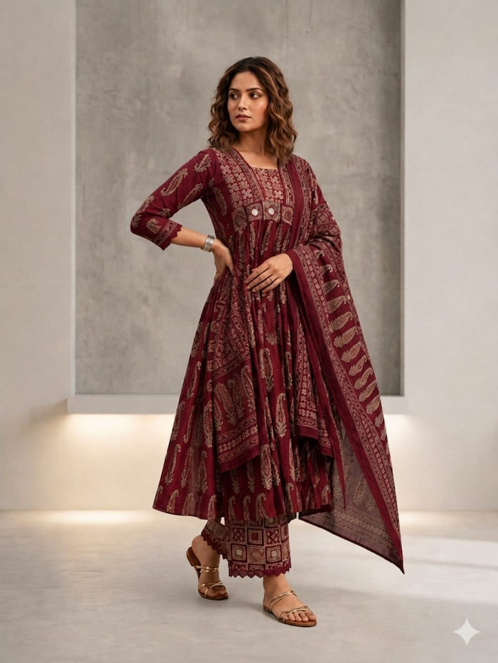 Printed ethnic kurta set with dupatta (Anarkali-style dress with palazzo pants)