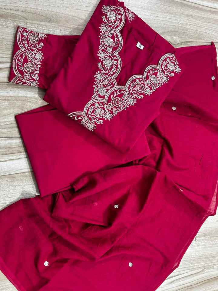 MF Hayat Women Floral Embroidered Angrakha Sequinned Pure Cotton Kurti with Pyjamas & With Dupatta