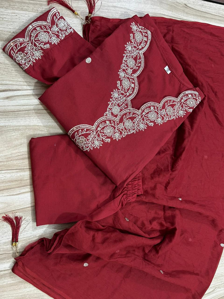 MF Hayat Women Floral Embroidered Angrakha Sequinned Pure Cotton Kurti with Pyjamas & With Dupatta