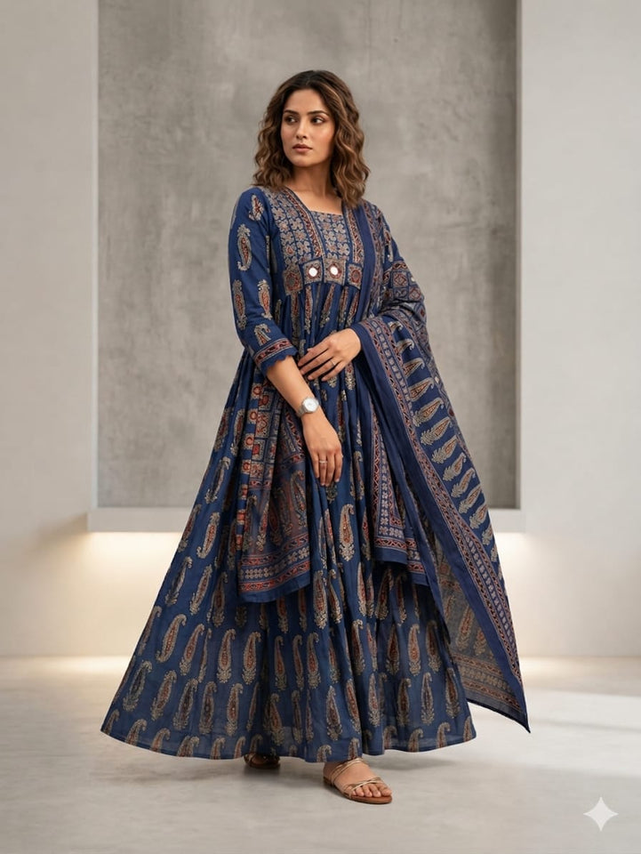 Printed ethnic kurta set with dupatta (Anarkali-style dress with palazzo pants)